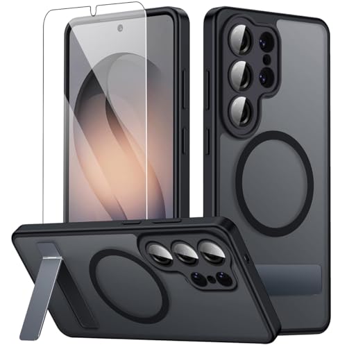 Magnetic for Samsung Galaxy S26 Ultra Case with Stand and Screen Protector & Camera Protector,Galaxy S 26 Ultra Case Compatible with MagSafe,Matte Translucent Shockproof Slimi Phone Case -Black - color: Black, size: Samsung Galaxy S26 Ultra