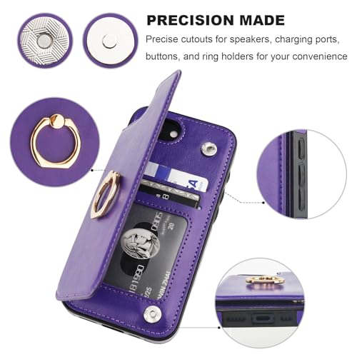 ONETOP for iPhone 17e/16e Wallet Case with Credit Card Holder,Purple | 360° Rotation Ring Kickstand,Finger Grip,Double Magnetic Clasp,RFID Blocking PU Leather Shockproof Cover for Women Men - color: Purple