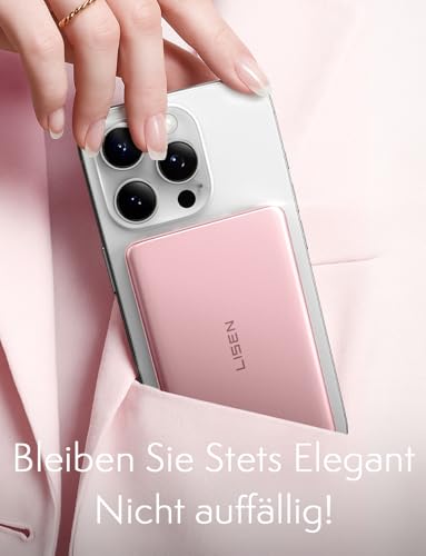 LISEN 0.3‘’ Ultra Slim MagSafe Portable Charger,5000mAh Wireless Card Slim MagSafe Battery Pack iPhone 17 Air Accessories,Magnetic Power Bank for iPhone 17 Pro Max Plus Air/16/15/14/13/12，Pink - color: Pink