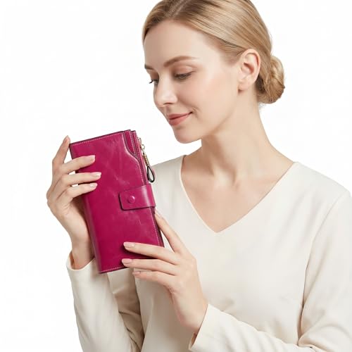 YALUXE Women's Real Leather Wallet RFID Protect 21 Card Slots Phone Pocket - color: 7- Waxed Pink, size: Genuine Leather