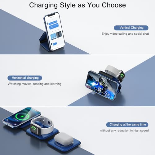 3 in 1 Wireless Charging Station for Apple,Foldable Magnetic Travel Charger - color: deep blue