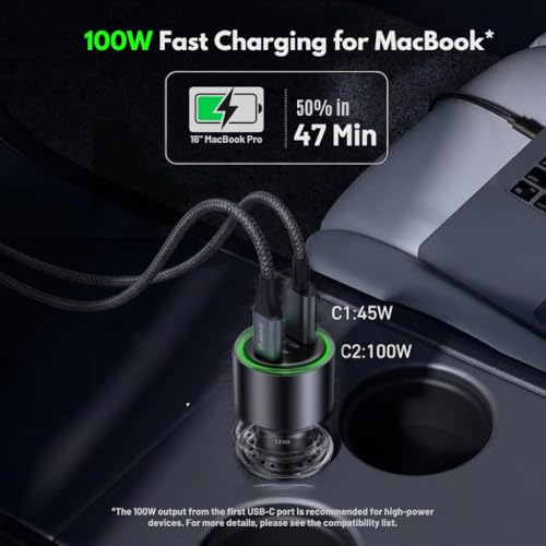 145W USB C Car Charger Charges Two Devices with 100W and 45W Outputs