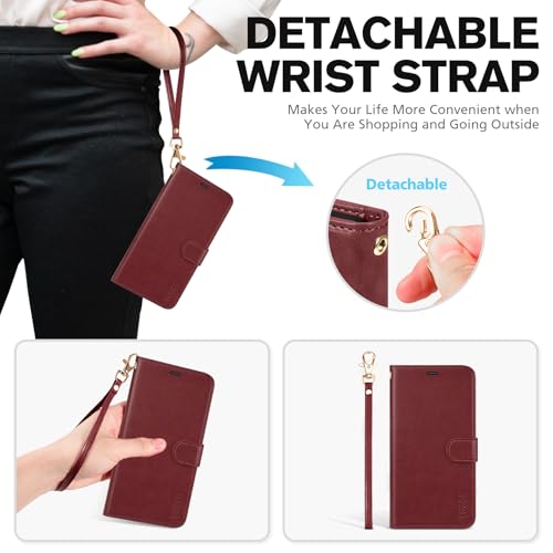 TUCCH Case Wallet with Wrist Strap for iPhone 17e 16e (6.1"), Dark Red | 4 Card Slots, RFID Blocking, Kickstand, Shockproof TPU Shell, PU Leather, Magnetic Closure, Folio Flip Cover - color: Strap - Dark Red