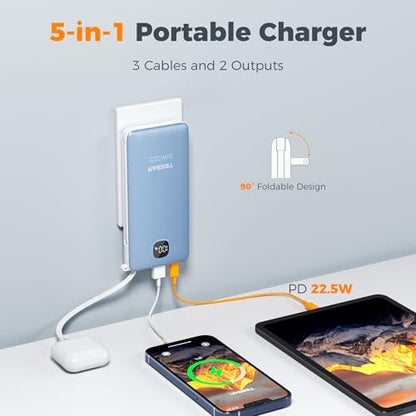 TESSAN Portable Charger with Built in Cables, 10000mAh Power Bank Wall Plug - color: Blue