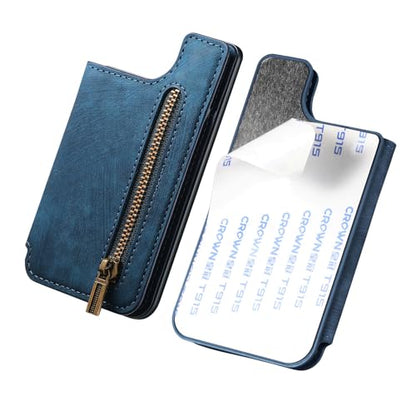 Wallet Stick on Phone Case, Credit Card Holder for Back of Phone Cases Retro Flip Leather Zipper Sleeve Pouch Compatible with iPhone, Samsung Galaxy Android Most Smartphones Blue - color: Blue