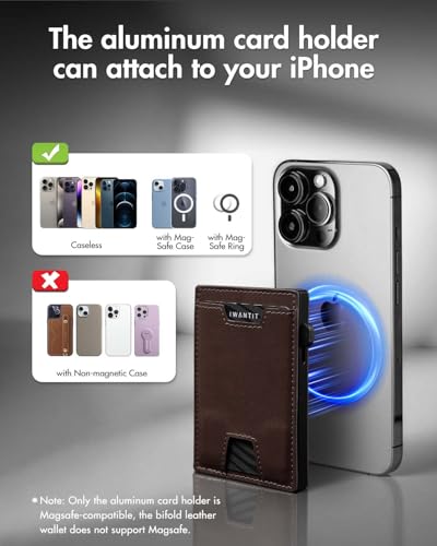 iwantit 3 in 1 Magsafe Wallet Men: Bifold Wallet + Magnetic Wallet for iPhone - Detachable Cash Strap, Smart Pop Up Card Holder, ID Window, Premium Leather (Vegetable-tanned Brown) - color: Vegetable-tanned Brown