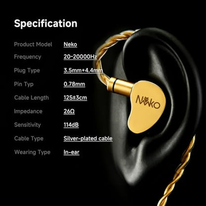 CVJ Neko IEM Wired Gaming Earbuds, 10mm Dynamic Driver HiFi in-Ear Monitors with 3.5 & 4.4mm Plugs, Deep Bass Headphones with Detachable Silver-Plated Cable for Audiophiles, Singers, Musicians-Sliver - color: Sliver