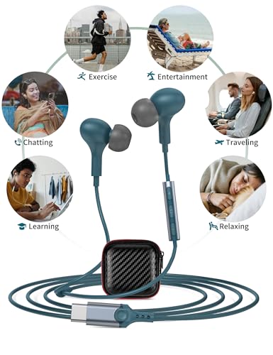 USB C Headphones for iPhone 18 Pro Max 17 16 15/Galaxy S26 FE Wired Earbuds - color: Lake-Blue