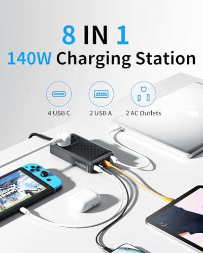 Charging Station 140W USB C Charger Block, Upgraded GaN III 8-in-1 Fast Charging Station Hub，PD 100W Laptop Charger Adapter Compatible with Compatible with MacBook Air/Pro,iPhone16/15,Galaxy S24 etc - color: Black PD 100W