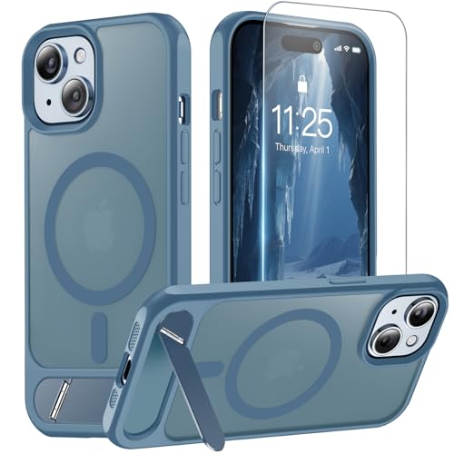 Magnetic for iPhone 15 Case with Stand Blue | (Screen Protector)(Compatible with MagSafe)(Military Grade Shockproof) Translucent Drop Protection Matte Slim Phone Case,6.1" - color: Blue, size: For IPhone 15