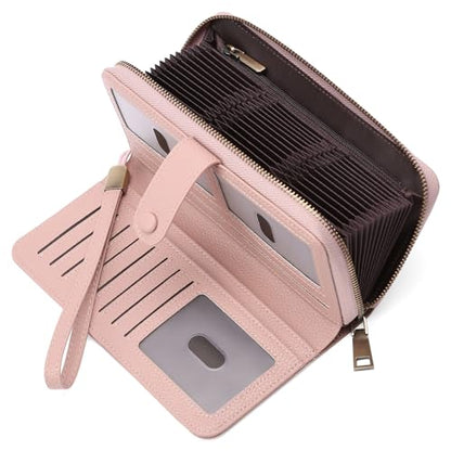 GAEKEAO Leather Credit Card Holder Wallet for Women RFID Blocking Large Capacity Bifold Zipper Card Case Organizer with Wristlet 45 Slots - color: Light Pink