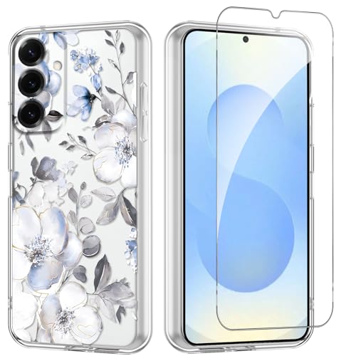 Flower Phone Case Floral for Samsung Galaxy S25 5G 6,2'' with Screen Protector, Clear Transparent Phone Cover Slim Soft Shockproof Anti-Scratch Drop Protection Funda for Girls Women, 04 - color: Flower 04, size: Samsung Galaxy S25 5G