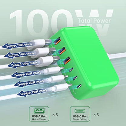 100W 6 in 1 USB Charger, 50% Smaller Charging Station for Multiple Devices - color: D-Green
