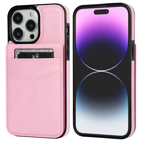 KIHUWEY for iPhone 14 Pro Max Wallet Case Card Holder Kickstand, Pink | Credit Card Slots, PU Leather, Magnetic Clasp, Flip Heavy Duty Protection Cover for Men and Women - color: Pink