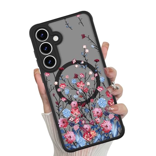 Magnetic for Samsung Galaxy S25 Case,Red Floral Flower | Compatible with MagSafe,Cute Fashion Translucent Matte Hard Back Shockproof Anti-Scratch Phone Case - color: Red, size: Samsung Galaxy S25