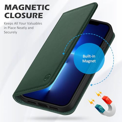 SHIELDON Genuine Leather Case Wallet for iPhone 13 6.1", Midnight Green | Folio Magnetic Closure, RFID Blocking, Credit Card Holder, Kickstand, Shock Absorbing Protective Cover - color: Midnight Green