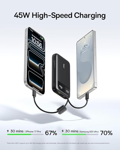 Baseus 20000mAh Compact Portable Charger 45W, CCC Certified Power Bank Built-in USB-C Cables, Travel Essential PD Fast Charging Battery Pack for iPhone 18/17/16 Series Galaxy S25/S24 Ultra Google iPad - color: Black
