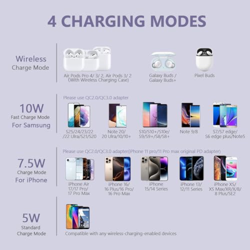 Yootech Wireless Charger,10W Max Wireless Charging Pad(No AC Adapter) | Compatible with iPhone 17/17 Pro/17 Pro Max/Air/16/15/14/13/SE 2022/12/11,Samsung Galaxy S25/S24/S23,for AirPods Pro 3 - color: Clove Purple