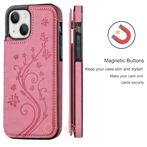 Wallet Case Compatible with iPhone 15,Slim Protective case with Card Holder,Premium PU Leather Kickstand Card Slots with Double Magnetic Clasp for iPhone 15(6.1")-Pink Butterfly - color: Pink