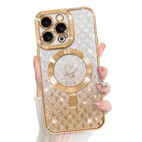 Bonoma Compatible with iPhone 13 Pro Max Case Heart Checkered -Gold | Support for MagSafe, Plating Glitter Magnetic Case TPU Camera Protection Back Cover for Girls Women - color: Checkered-Gold, size: iPhone 13 Pro Max