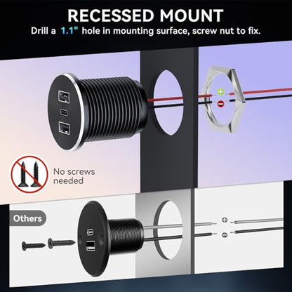 2PCS RV USB Outlet 72W Aluminum Alloy 12V/24V 3 Ports Recessed Mount - color: Light Silver, size: 2P