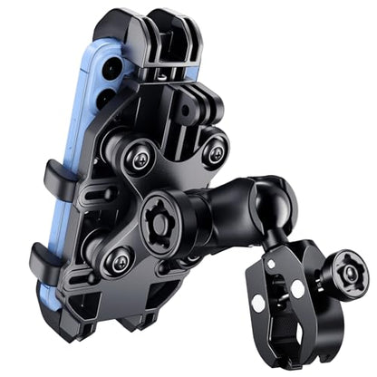 Motorcycle Phone Mount Holder with Vibration Dampener Anti-Shake 720° Adjustable for iPhone 16 Pro Max for Samsung 5.4''-6.9'' Phone Anti-Theft Dirt Bikes(Clamp Base 0.47-1.77" Handlebar) - style: Clamp Base