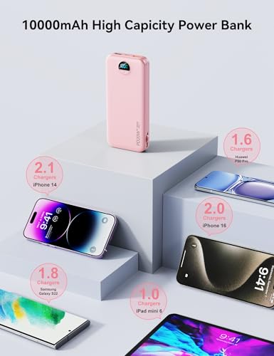 Portable Charger Power Bank 10000mAh with Built in Cables & Wall Plug - color: Light Pink