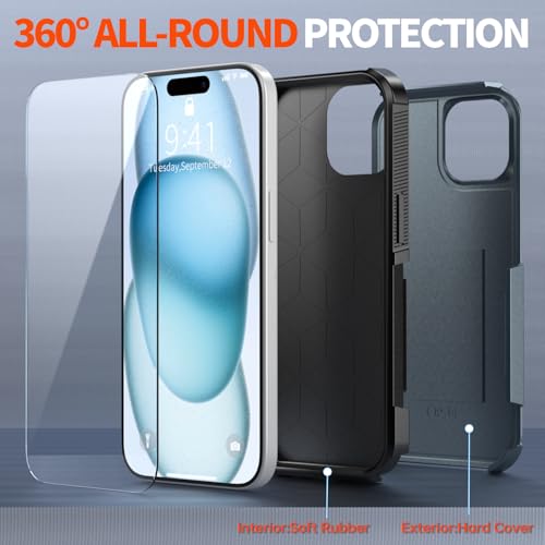Shockproof for iPhone 15 Case,[15 FT Military Grade Drop Protection],with 2X [Tempered Glass Screen Protector ] with Air Bumpers Full-Body Protective Phone Case-Navy Blue - color: Navy Blue