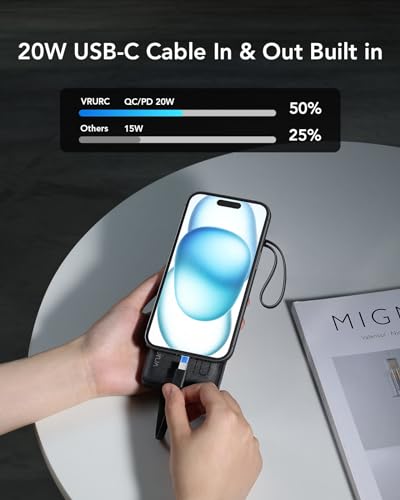 VRURC Portable Charger, 20W PD Fast Charging Power Bank Built in 4 Cables - color: Black