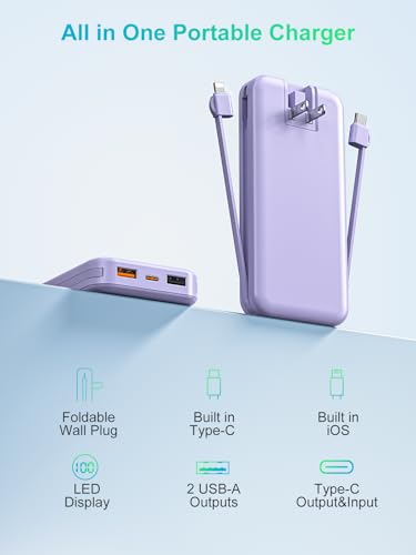 citicr Portable Charger 10000mAh PD20W w/Built-in Cables & Wall Plug Purple - color: Purple