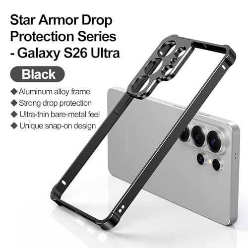 Aluminum Alloy Bumper Frame Case for Samsung Galaxy S26 Ultra, with Camera Lens Protector Backless Slim Metal Bumper Frame Cover with Soft TPU Inner [No Signal Interference] (Black) - color: Black