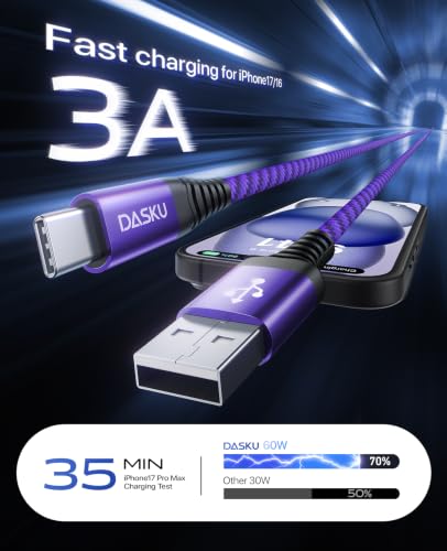 USB A to USB C Cable 60W Fast Charging 6FT, 2Pack USB C Cable for CarPlay - color: Purple, size: 6FT, style: USB A to USB C