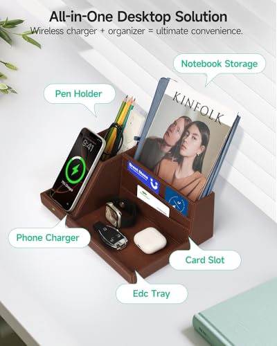 Fast Wireless Charging Station with Desk Organizer for iPhone 17/16/15/15 Pro/14/14 Pro Max/14 Pro/14 Plus/13/13 Pro Max/13 Pro/and iPhone 12/11 Series, Nightstand Desktop Organizer, Brown - color: Brown