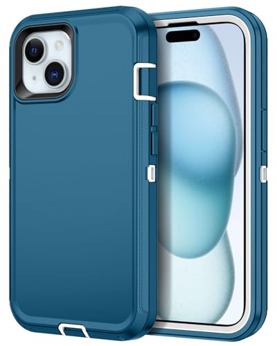 for iPhone 15 Case Heavy Duty Protective Shockproof Dropproof 3-Layer Full Body Protection [Without Screen Protector] Tough Rugged Cover for Apple iPhone 15 6.1 inch 2023,Turquoise/White - color: Turquoise/White