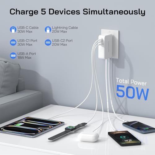 50W Retractable Wall Charger with Dual Cables, Retractable Phone Charger - size: Lightening+Type-C Cables