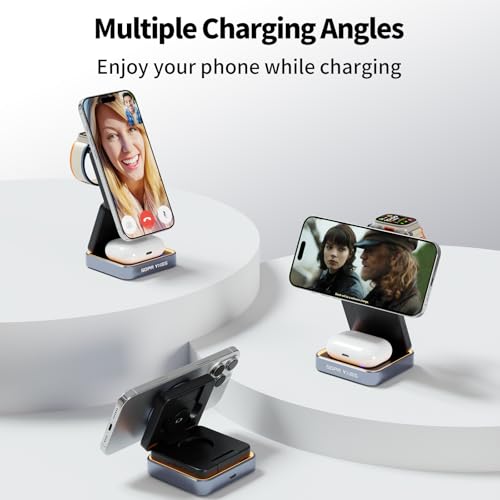 【2026 Upgraded】 Magnetic Wireless Charger 3 in 1, Foldable Charging Station with Night Light for Apple MagSafe Charger, Travel Charger Stand, Nightstand Fast 15W Charging Station (with Adapter)
