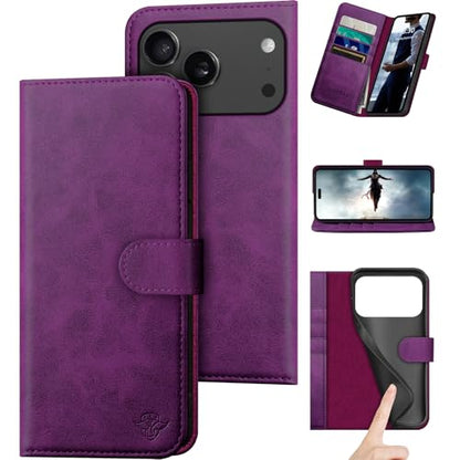 DuckSky Compatible with iPhone 17 Pro Max 6.9" Genuine Leather Wallet case【RFID Blocking】【4 Credit Card Holder】【Real Leather】 Flip Phone case Cover Women Men for Apple 17 Pro Max case Purple - color: Purple