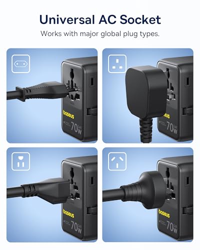 Baseus 70W Universal Travel Adapter, 6-in-1 International Plug Adapter - color: Black, size: 70W
