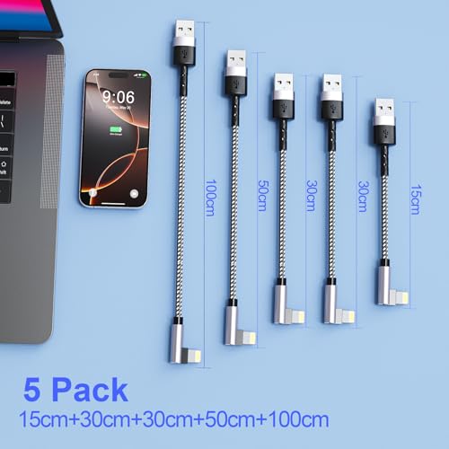 5Pack Right Angle Short iPhone Charger Cable 【15CM+30CM*2+50CM+1M】，90 Degree Apple USB A to Lightning Cable, Nylon Braided Sync Data Fast Charge Cord for iPhone 14 13 12 11 Pro Max Xs Xr 8 7 6 Plus SE