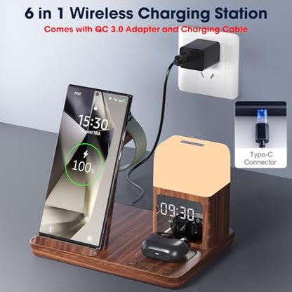 Wireless Charger for Samsung/Android, 6 in 1 Phone Nightstand Charging Station Charger with Alarm Clock/Night Light for Samsung S26/S25/S24 Ultra/Buds4,Watch Charger for Galaxy Watch 8/7/6/5 - color: Wood Brown