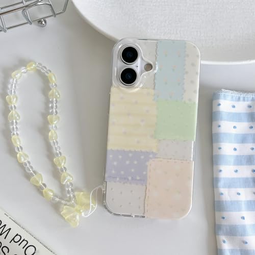 for iPhone 16 Case, Pastel Patchwork Phone Cover with Crystal Heart Beaded Strap & Bow Charm, Cute Kawaii Clear Protective Case for Women Girls(Lanyard+Phone case, iphone16) - size: iphone16
