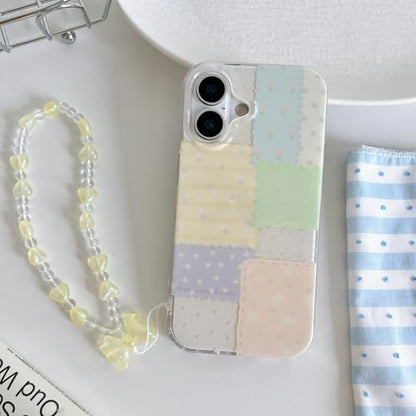 for iPhone 16 Case, Pastel Patchwork Phone Cover with Crystal Heart Beaded Strap & Bow Charm, Cute Kawaii Clear Protective Case for Women Girls(Lanyard+Phone case, iphone16) - size: iphone16