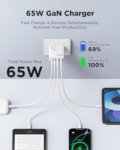 PISEN 65W USB C Fast Charger - 4FT USB-C Cable, 4-Port Compact Foldable GaN Charger, PPS for MacBook Pro/Air, iPad Pro, Galaxy S23, iPhone Series