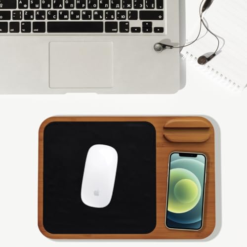 Oliver Gray Mousepad with Wireless Charger - 3-in-1 Wooden Wireless Charging Station & Phone Holder, Premium Vegan Leather Desk Charger Mat for iPhone, Android