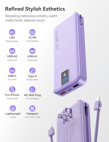 Portable Charger 12000mAh 22.5W w/Built-in Cable & Wall Plug Purple - color: Purple
