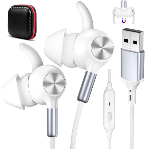 USB Earbuds with Microphone for PC Laptop,USB A Headphones,White - color: White