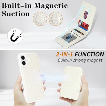 Ｈａｖａｙａ Leather Wallet Case for iPhone 16 - White | Crocodile-textured leather, detachable wallet, 5-card slots & kickstand, MagSafe 15W fast charge, raised bezels - color: White
