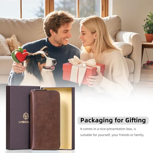 VISOUL Leather Long Zipper Pouch Wallet for Men and Women with RFID Blocking, Large Clutch Cash Long Wallet with Zipper (Brown) - color: Brown