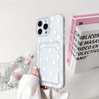 NITITOP Compatible with iPhone 16 Pro Case Clear with Card Holder Cute White Love Heart Pattern Design Design Soft TPU Shock-Absorbing Wallet Case Protective Cover - White - color: White, size: iPhone 16 Pro
