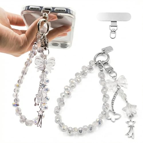 Crystal Beaded Phone Wrist Strap, Cute Cellphone Lanyard Chain, Bow Keychain Wristlet Bag Charms for Women - color: Bow/White